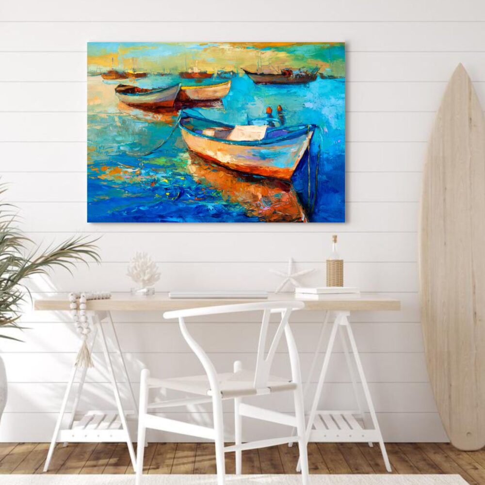 quadro con mare e barche astratto colorato blu azzurro per casa al mare hotel ristorante camera da letto