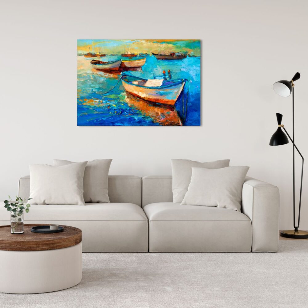 quadro moderno stampa su tela con mare e barche colorate per arredamento casa e decorazione pareti soggiorno moderno