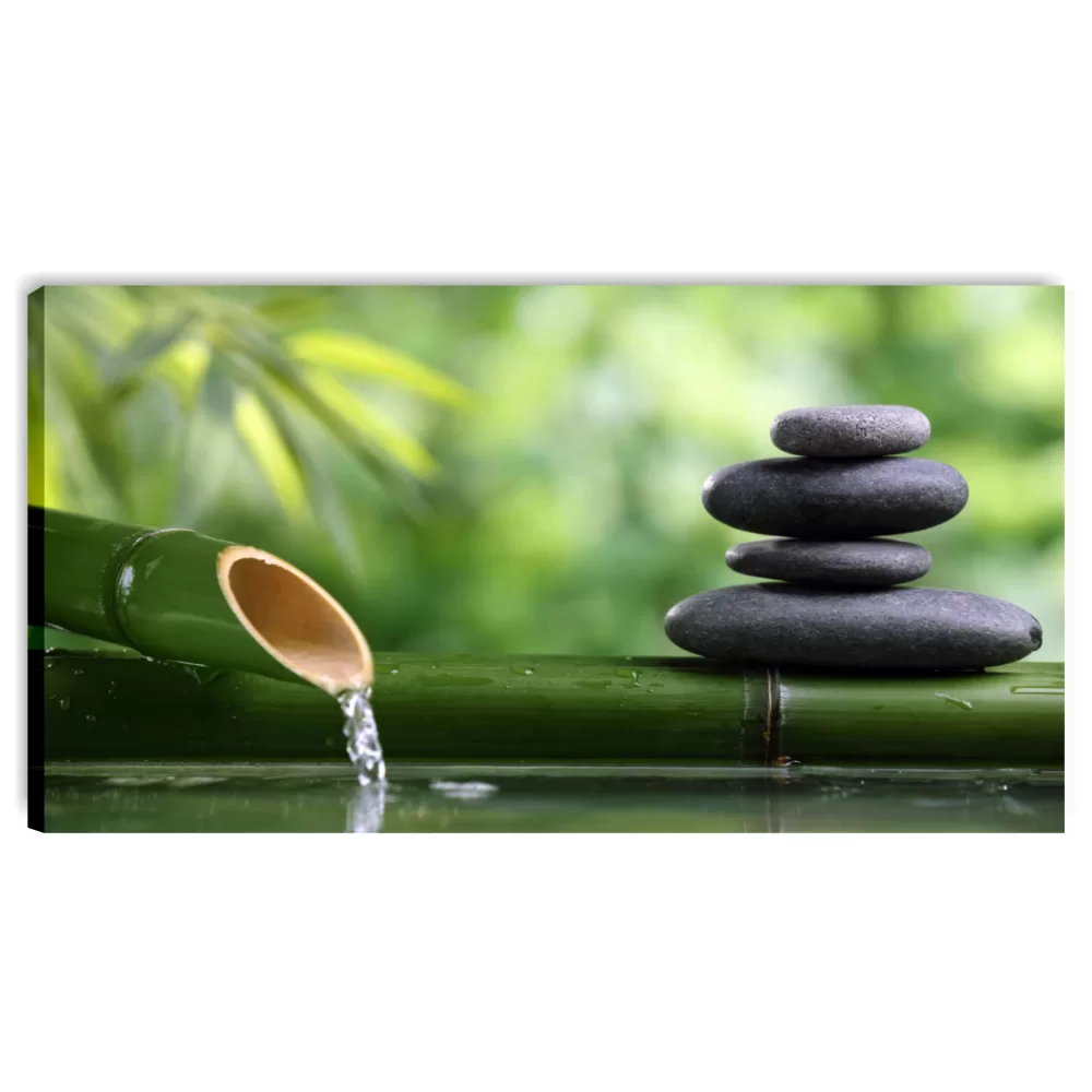 quadro benessere zen verde con bambù bamboo e sassi neri