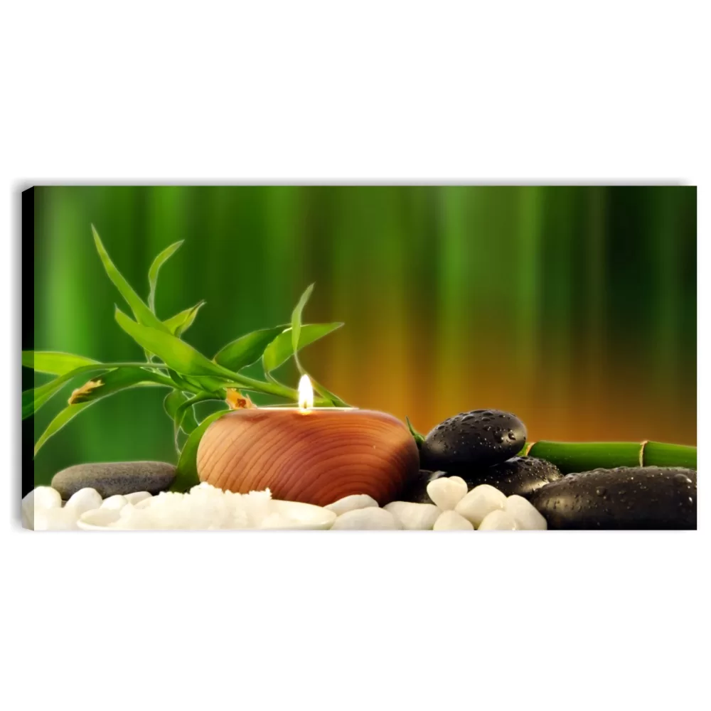 quadro benessere zen con candela e bamboo verde e sassi per arredamento bagno spa centro estetico
